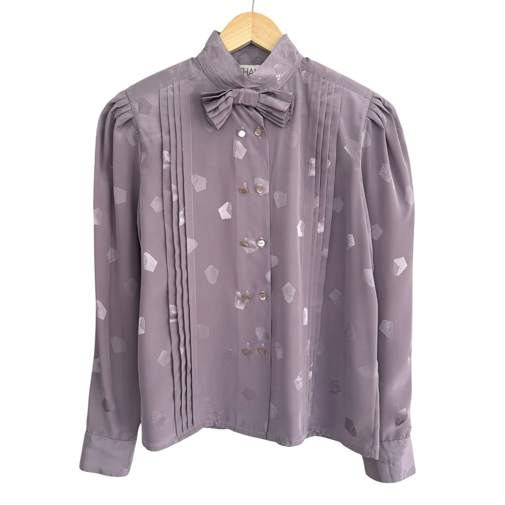 Vintage Chaus Button Up Blouse Women 6P Mauve Pleated Bow Tie Coquette Secretary